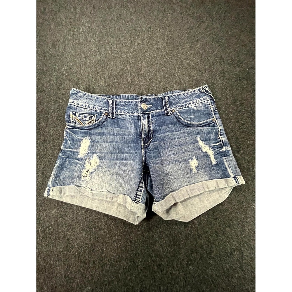 Y2K Premium Vanity Shorts Womens 30W Blue Denim Rhinestone Distressed Cuffed Hem